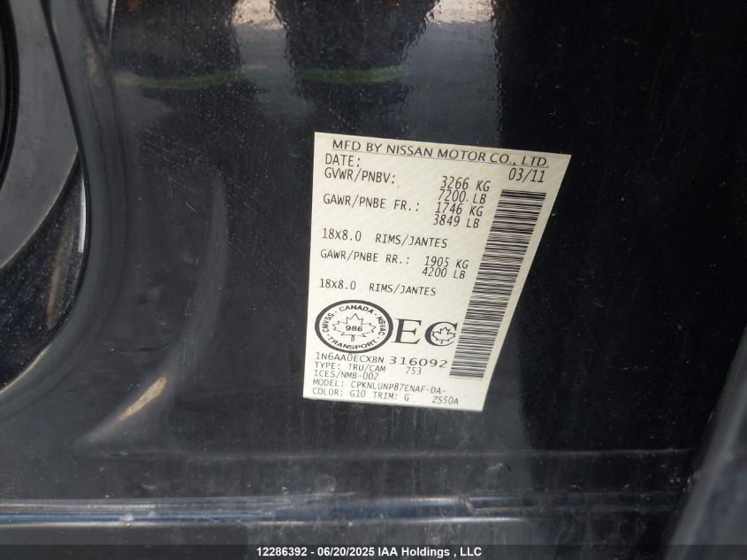 2011 Nissan Titan Pro-4X VIN: 1N6AA0ECXBN316092 Lot: 12286392X