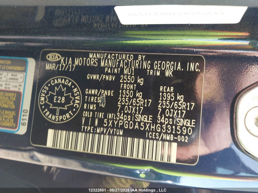 2017 Kia Sorento 3.3L Lx V6 7-Seater VIN: 5XYPGDA5XHG331590 Lot: 12322801X