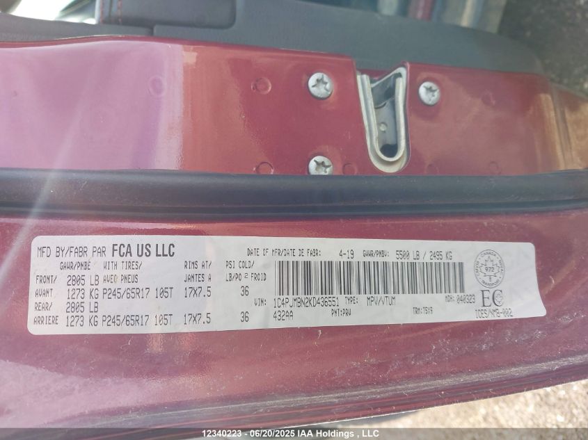 2019 Jeep Cherokee Trailhawk VIN: 1C4PJMBN2KD436551 Lot: 12340223X