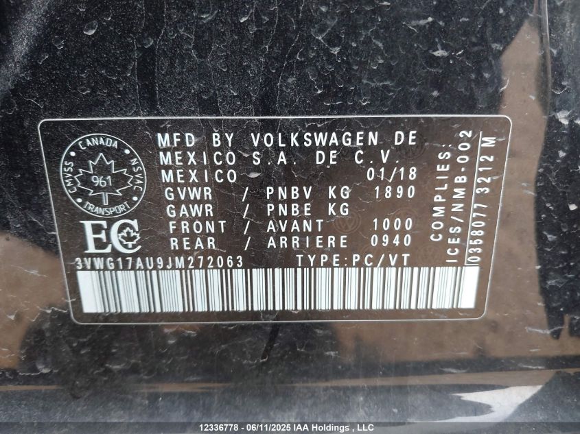 2018 Volkswagen Golf 1.8 Tsi Comfortline/1.8 Tsi Highline/1.8 Tsi Trendline VIN: 3VWG17AU9JM272063 Lot: 12336778X