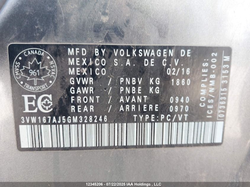 2016 Volkswagen Jetta Sedan VIN: 3VW167AJ5GM328246 Lot: 12345206