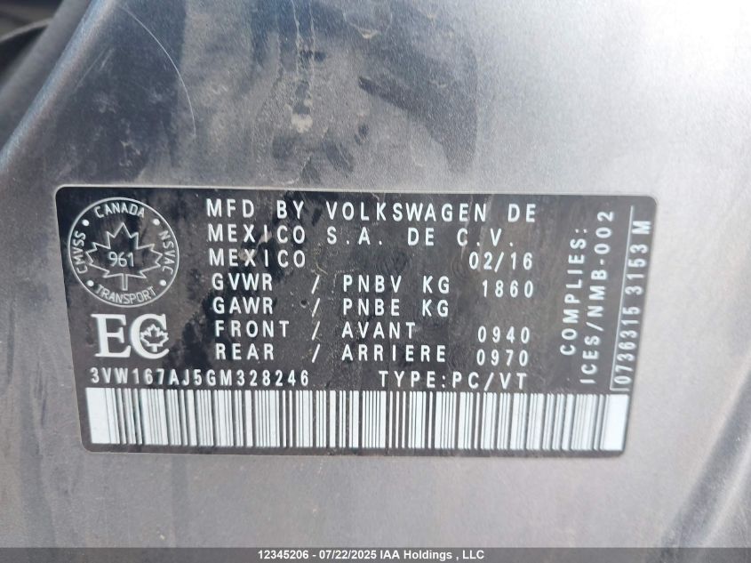 2016 Volkswagen Jetta Sedan VIN: 3VW167AJ5GM328246 Lot: 12345206