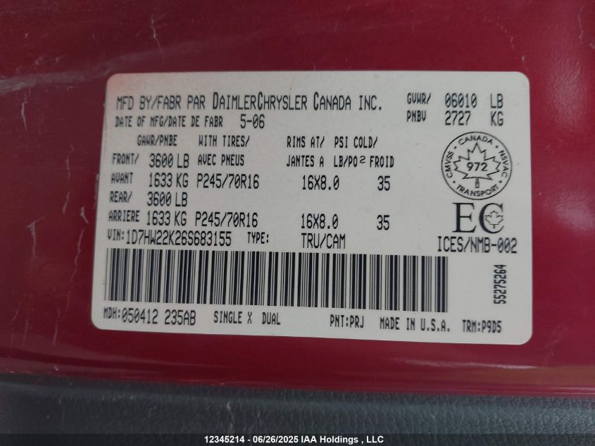 2006 Dodge Dakota St VIN: 1D7HW22K26S683155 Lot: 12345214
