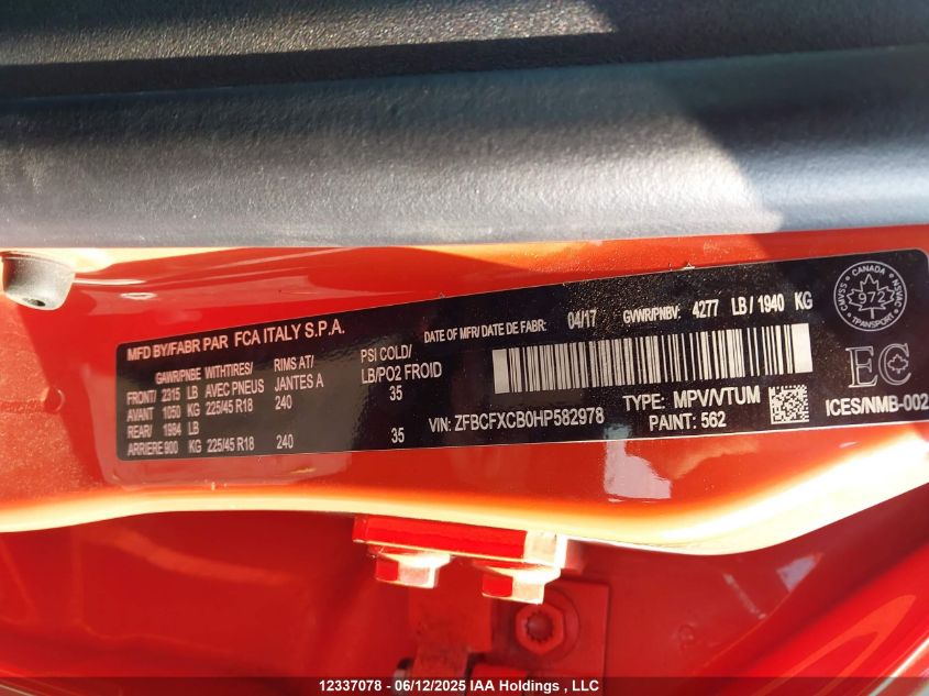 2017 Fiat 500X Trekking VIN: ZFBCFXCB0HP582978 Lot: 12337078X