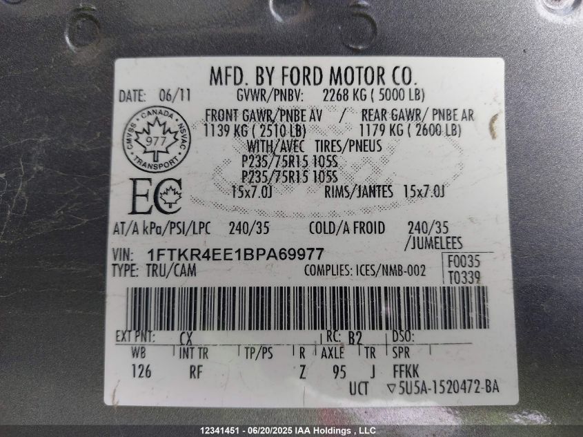2011 Ford Ranger Sport VIN: 1FTKR4EE1BPA69977 Lot: 12341451X
