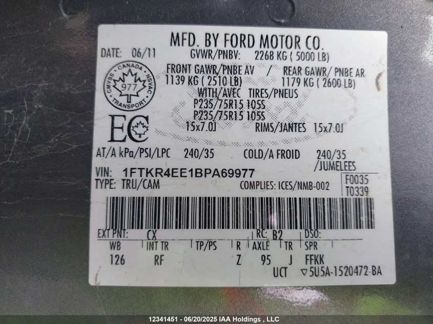 2011 Ford Ranger Sport VIN: 1FTKR4EE1BPA69977 Lot: 12341451X