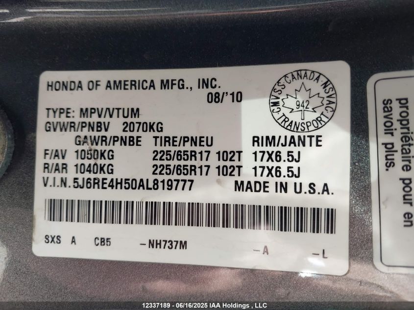 2010 Honda Cr-V Ex VIN: 5J6RE4H52AL819777 Lot: 12337189X