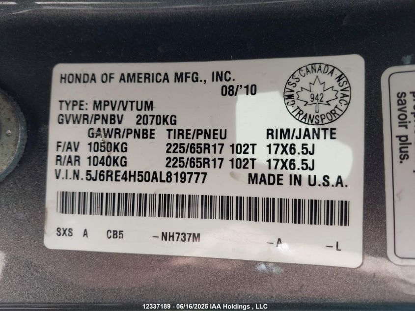 2010 Honda Cr-V Ex VIN: 5J6RE4H52AL819777 Lot: 12337189X