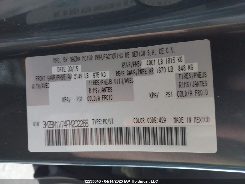 2015 Mazda Mazda3 Gs VIN: 3MZBM1V74FM202268 Lot: 12295046X