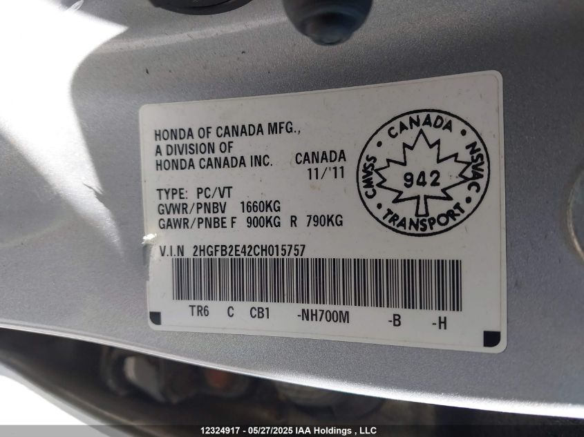 2012 Honda Civic Lx VIN: 2HGFB2E42CH015757 Lot: 12324917X