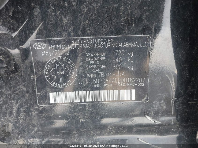 2013 Hyundai Elantra Gls VIN: 5NPDH4AE2DH182207 Lot: 12325817X