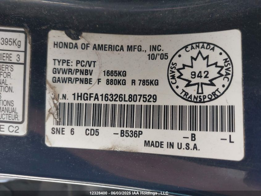 2006 Honda Civic Dx-G VIN: 1HGFA16326L807529 Lot: 12328400X