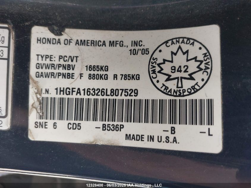 2006 Honda Civic Dx-G VIN: 1HGFA16326L807529 Lot: 12328400X