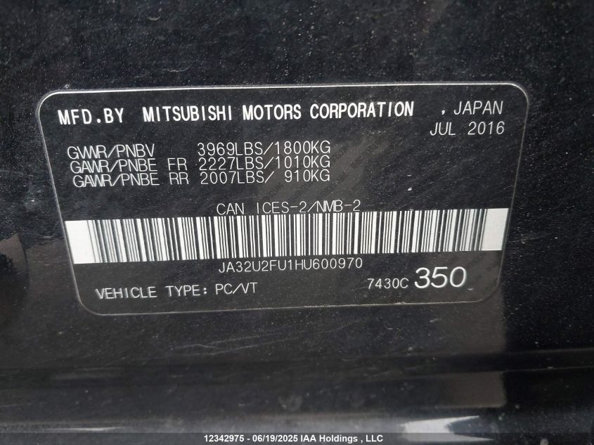 2017 Mitsubishi Lancer Es/Se Anniversary Edition/Se Black Edition/Se Ltd VIN: JA32U2FU1HU600970 Lot: 12342975X