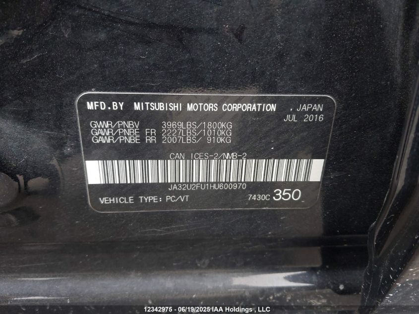 2017 Mitsubishi Lancer Es/Se Anniversary Edition/Se Black Edition/Se Ltd VIN: JA32U2FU1HU600970 Lot: 12342975X