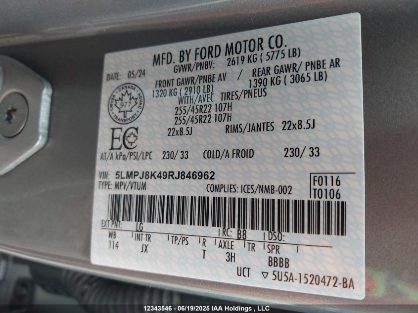 2024 Lincoln Nautilus Reserve VIN: 5LMPJ8K49RJ846962 Lot: 12343546X