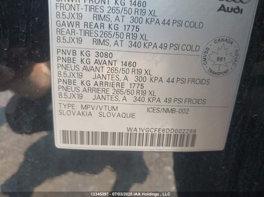 2013 Audi Q7 3.0T Premium VIN: WA1VGCFE6DD002298 Lot: 12345397