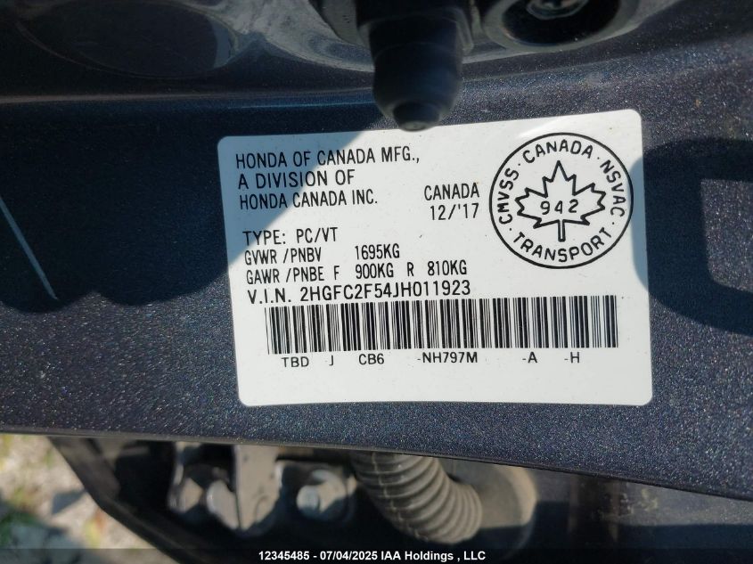 2018 Honda Civic Lx VIN: 2HGFC2F54JH011923 Lot: 12345485