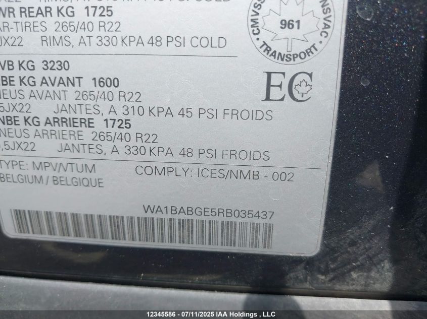 2024 Audi Q8 E-Tron VIN: WA1BABGE5RB035437 Lot: 12345586