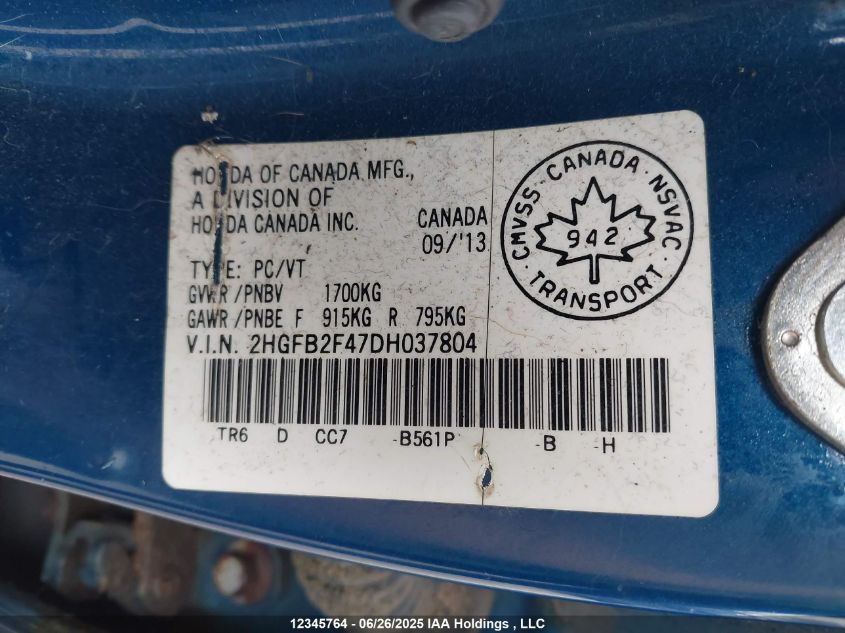 2013 Honda Civic Lx VIN: 2HGFB2F47DH037804 Lot: 12345764