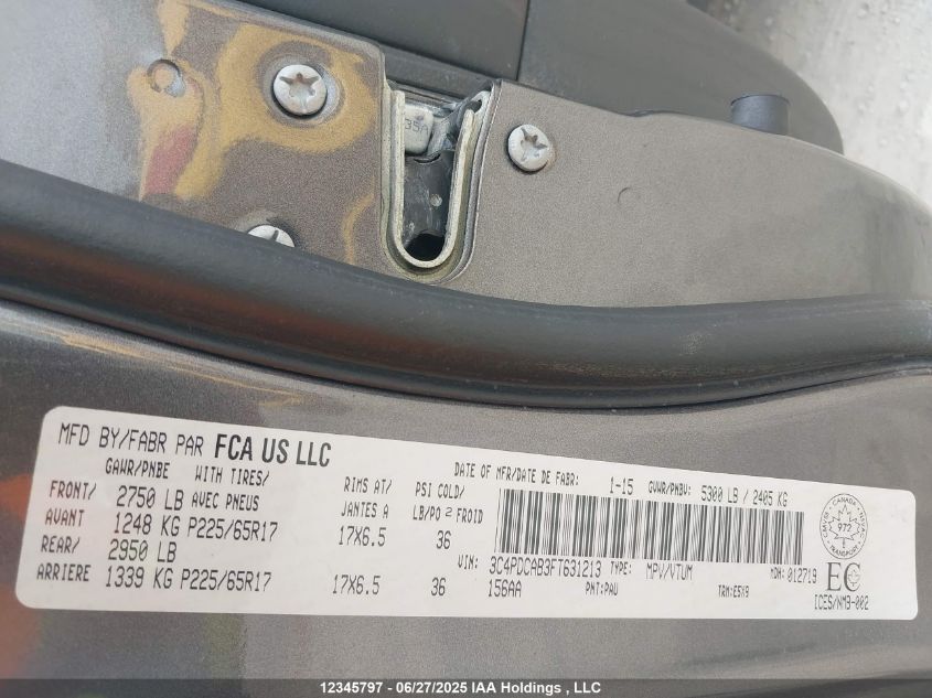 2015 Dodge Journey VIN: 3C4PDCAB3FT631213 Lot: 12345797