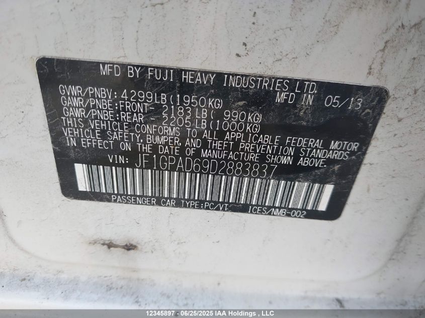 2013 Subaru Impreza 2.0I Touring Package VIN: JF1GPAD69D2883837 Lot: 12345897