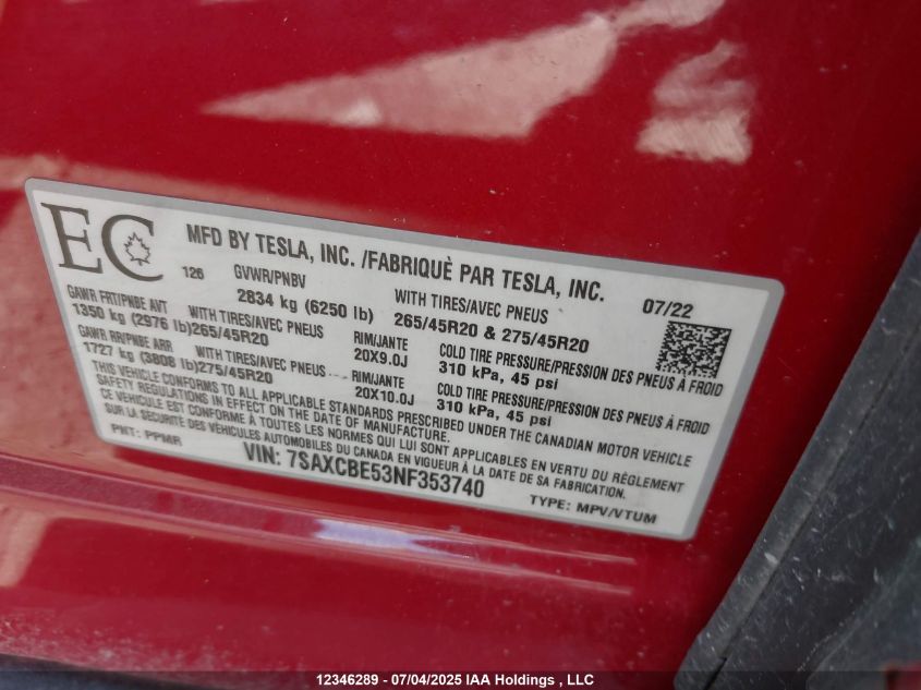 2022 Tesla Model X Awd VIN: 7SAXCBE53NF353740 Lot: 12346289