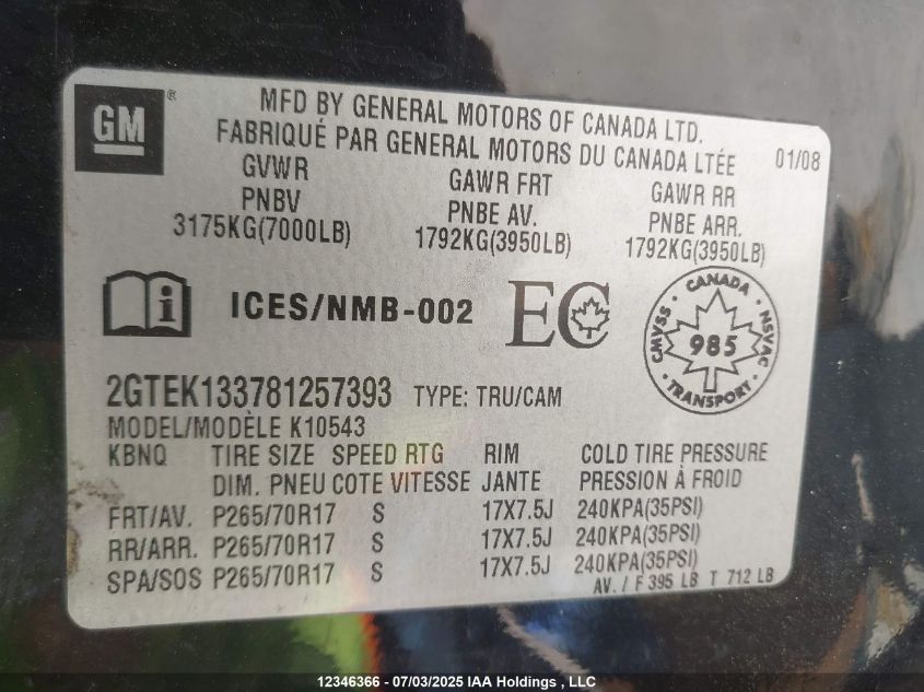 2008 GMC Sierra 1500 Sle/Slt/Wt VIN: 2GTEK133781257393 Lot: 12346366