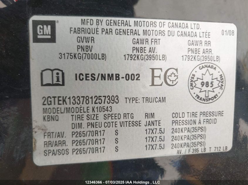 2008 GMC Sierra 1500 Sle/Slt/Wt VIN: 2GTEK133781257393 Lot: 12346366