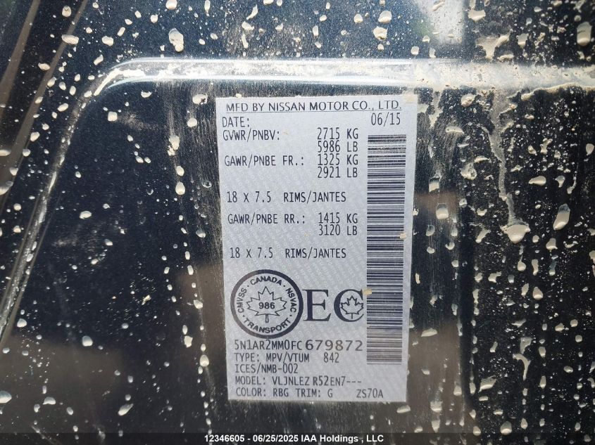 2015 Nissan Pathfinder Platinum/S/Sl/Sv VIN: 5N1AR2MM0FC679872 Lot: 12346605