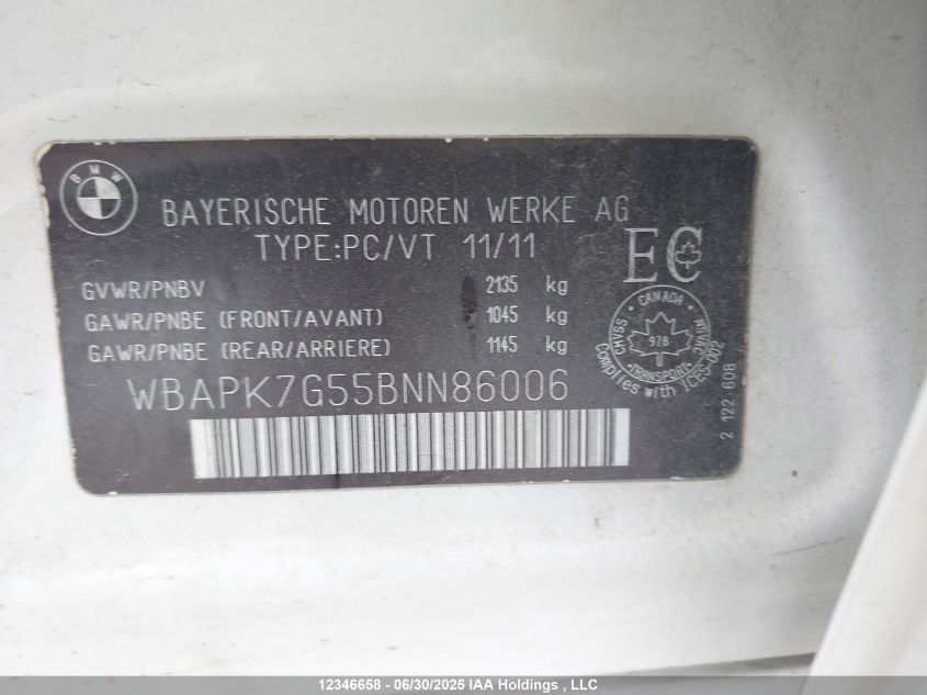 2011 BMW 3 Series VIN: WBAPK7G55BNN86006 Lot: 12346658