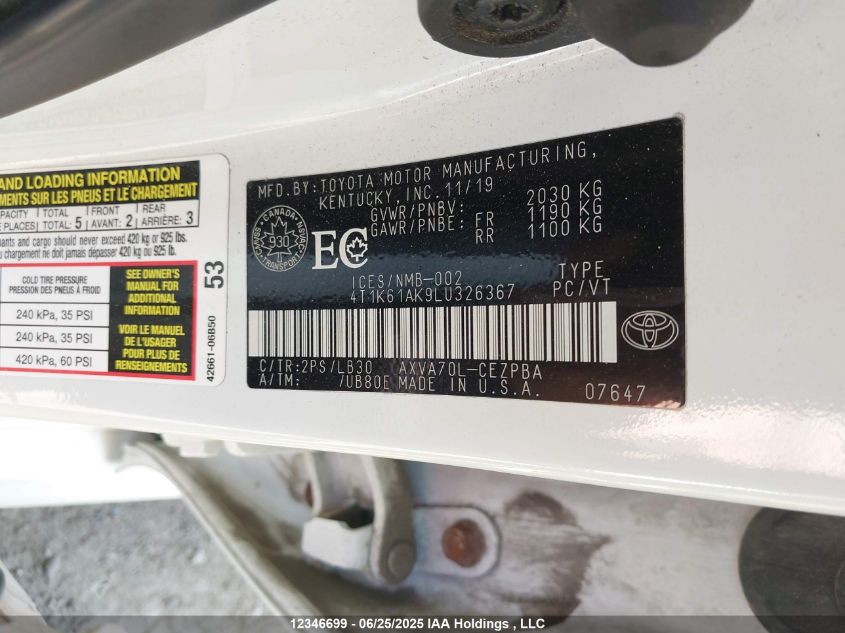 2020 Toyota Camry Xse VIN: 4T1K61AK9LU326367 Lot: 12346699