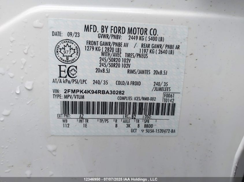 2024 Ford Edge Titanium VIN: 2FMPK4K94RBA30282 Lot: 12346950