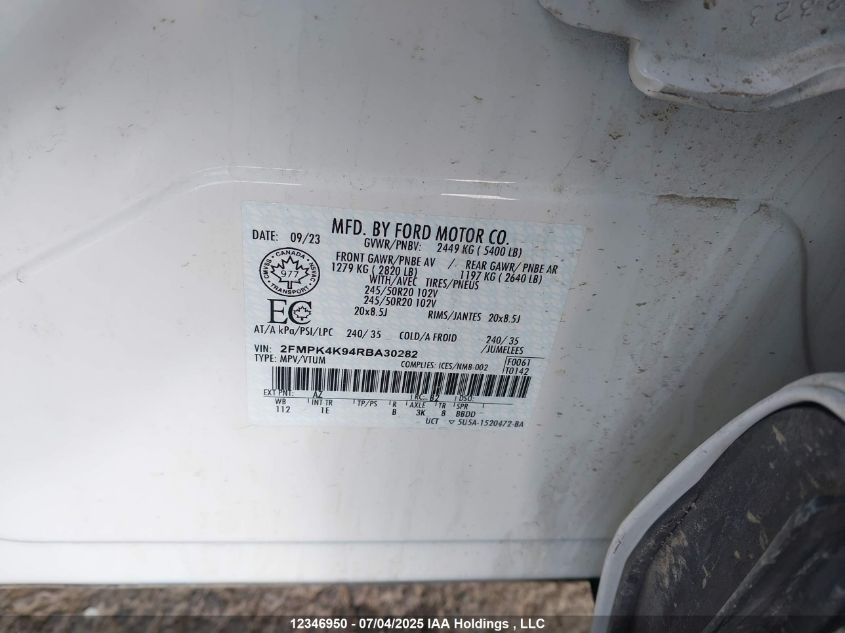 2024 Ford Edge Titanium VIN: 2FMPK4K94RBA30282 Lot: 12346950