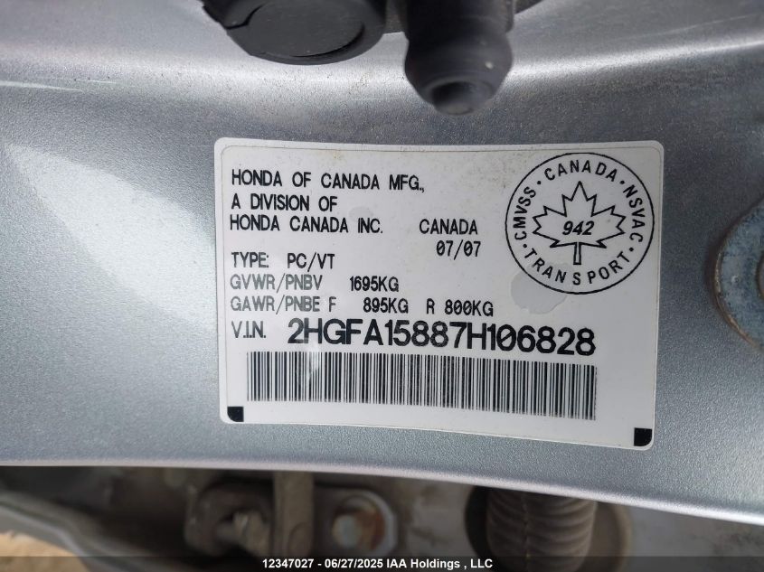 2007 Honda Civic Ex 4Dr VIN: 2HGFA15887H106828 Lot: 12347027