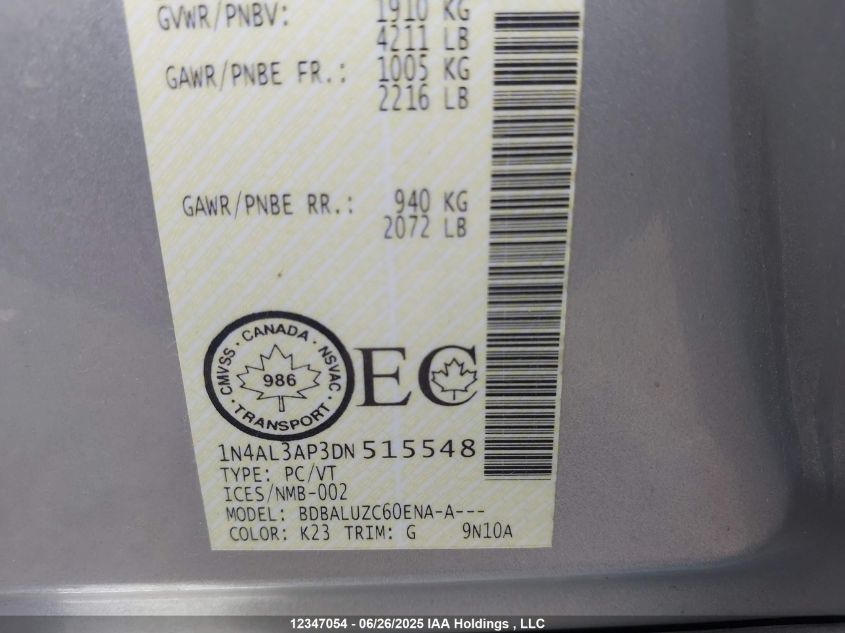 2013 Nissan Altima 2.5/S/Sv/Sl VIN: 1N4AL3AP3DN515548 Lot: 12347054