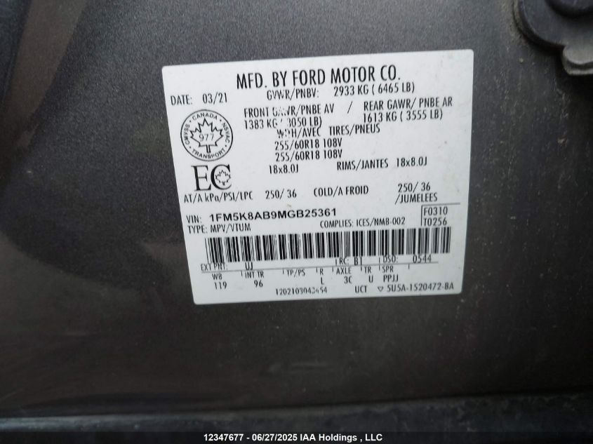 2021 Ford Explorer Police Interceptor VIN: 1FM5K8AB9MGB25361 Lot: 12347677