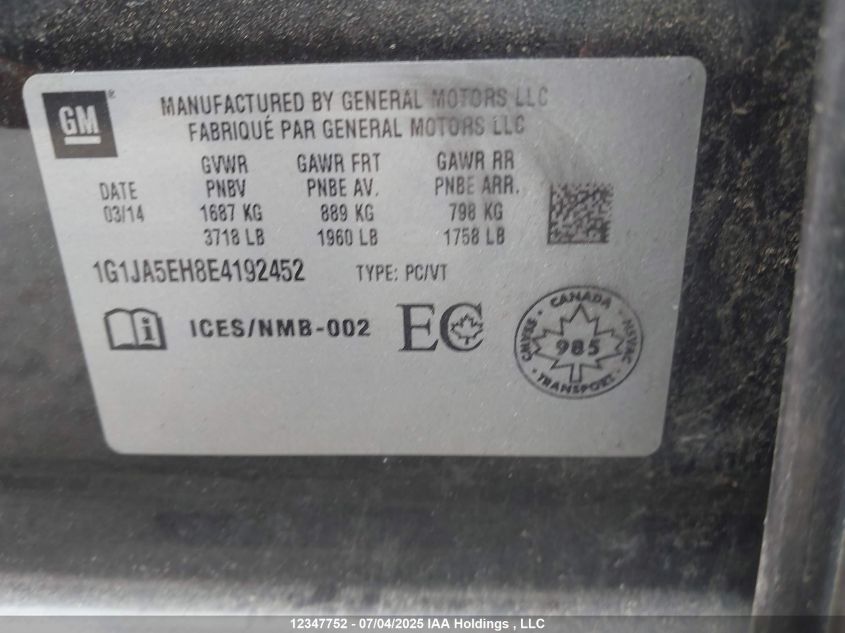 2014 Chevrolet Sonic Ls Auto VIN: 1G1JA5EH8E4192452 Lot: 12347752