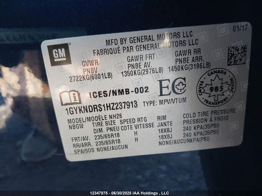 2017 Cadillac Xt5 VIN: 1GYKNDRS1HZ237913 Lot: 12347875