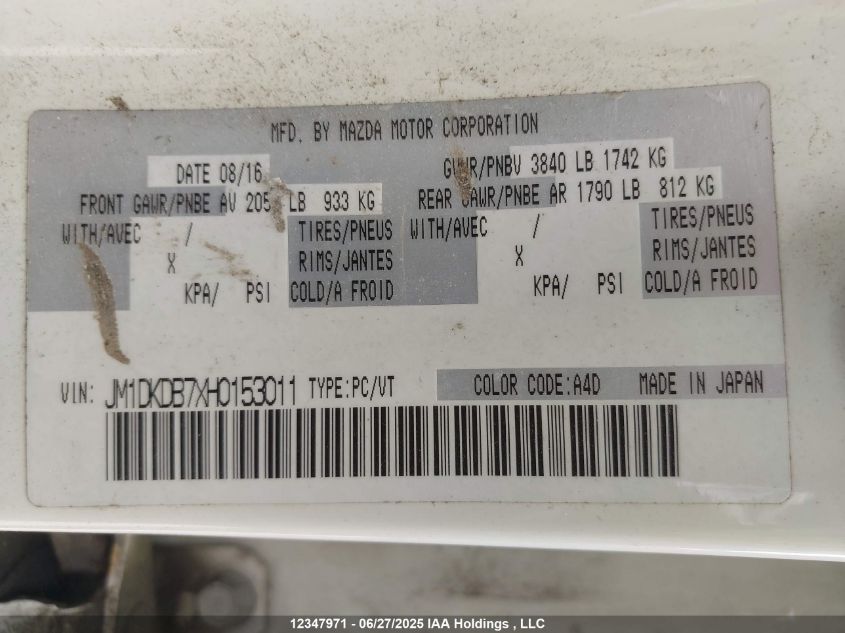 2017 Mazda Cx-3 VIN: JM1DKDB7XH0153011 Lot: 12347971