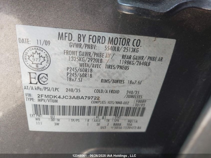 2010 Ford Edge Sel VIN: 2FMDK4JC3ABA79722 Lot: 12348061