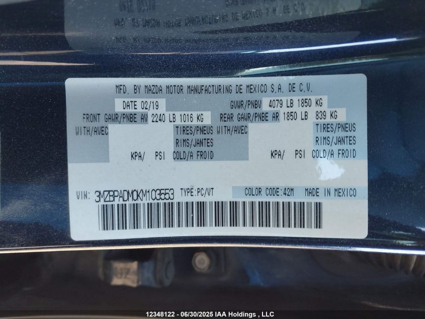 2019 Mazda Mazda3 Gt VIN: 3MZBPADM0KM103553 Lot: 12348122