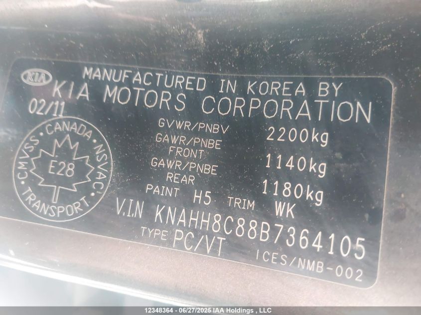 2011 Kia Rondo Ex/Ex-Premium VIN: KNAHH8C88B7364105 Lot: 12348364