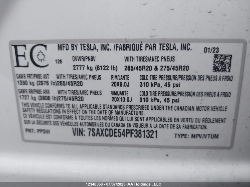 2023 Tesla Model X 60 D VIN: 7SAXCDE54PF381321 Lot: 12348368