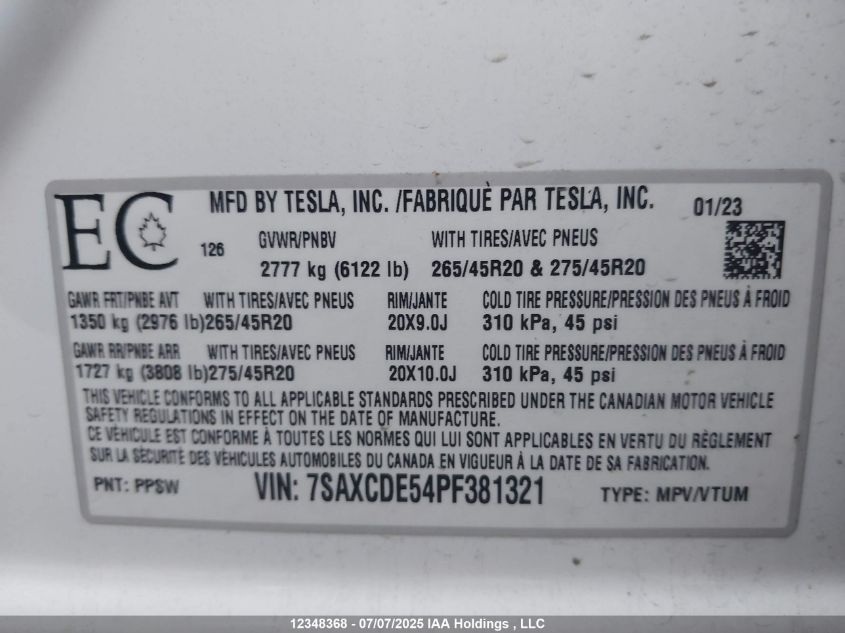 2023 Tesla Model X 60 D VIN: 7SAXCDE54PF381321 Lot: 12348368