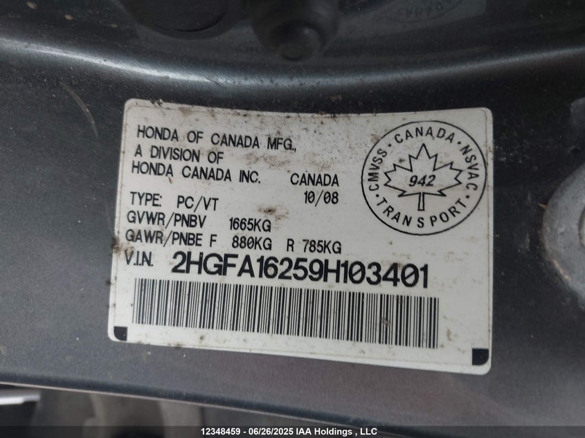 2HGFA16259H103401 2009 HONDA CIVIC photo no. 9