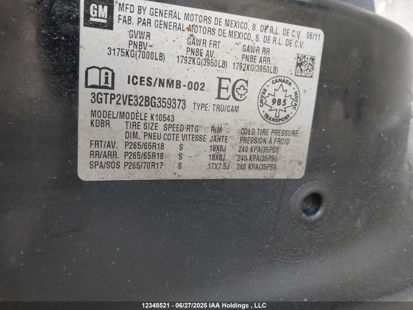 2011 GMC Sierra 1500 Sle VIN: 3GTP2VE32BG359373 Lot: 12348521