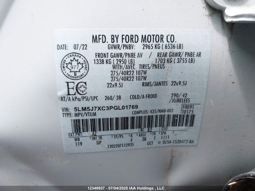 2023 Lincoln Aviator Reserve VIN: 5LM5J7XC3PGL01769 Lot: 12348937