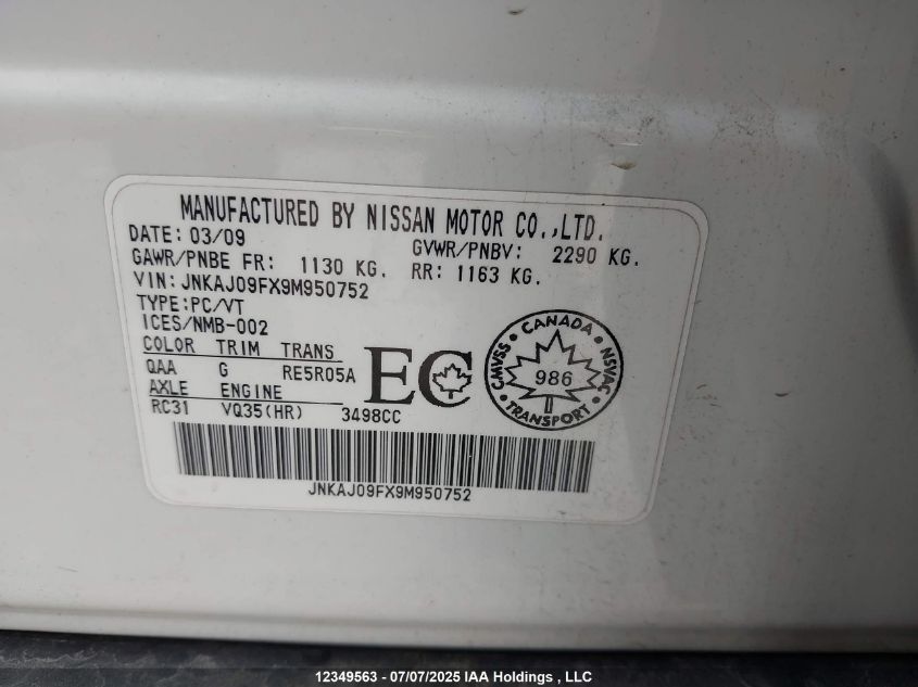 2009 Infiniti Ex35 Journey VIN: JNKAJ09FX9M950752 Lot: 12349563