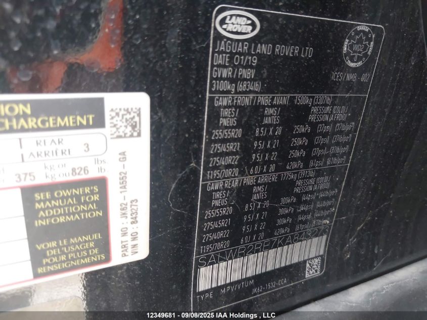 2019 Land Rover Range Rover Sport Supercharged Dynamic VIN: SALWR2RE7KA843273 Lot: 12349681